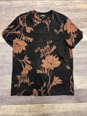 Express Black Short Sleeve Shirt with Brown Floral Print